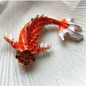 Orange Koi Fish Brooch with Gold Accents - Elegant Women’s Jewelry